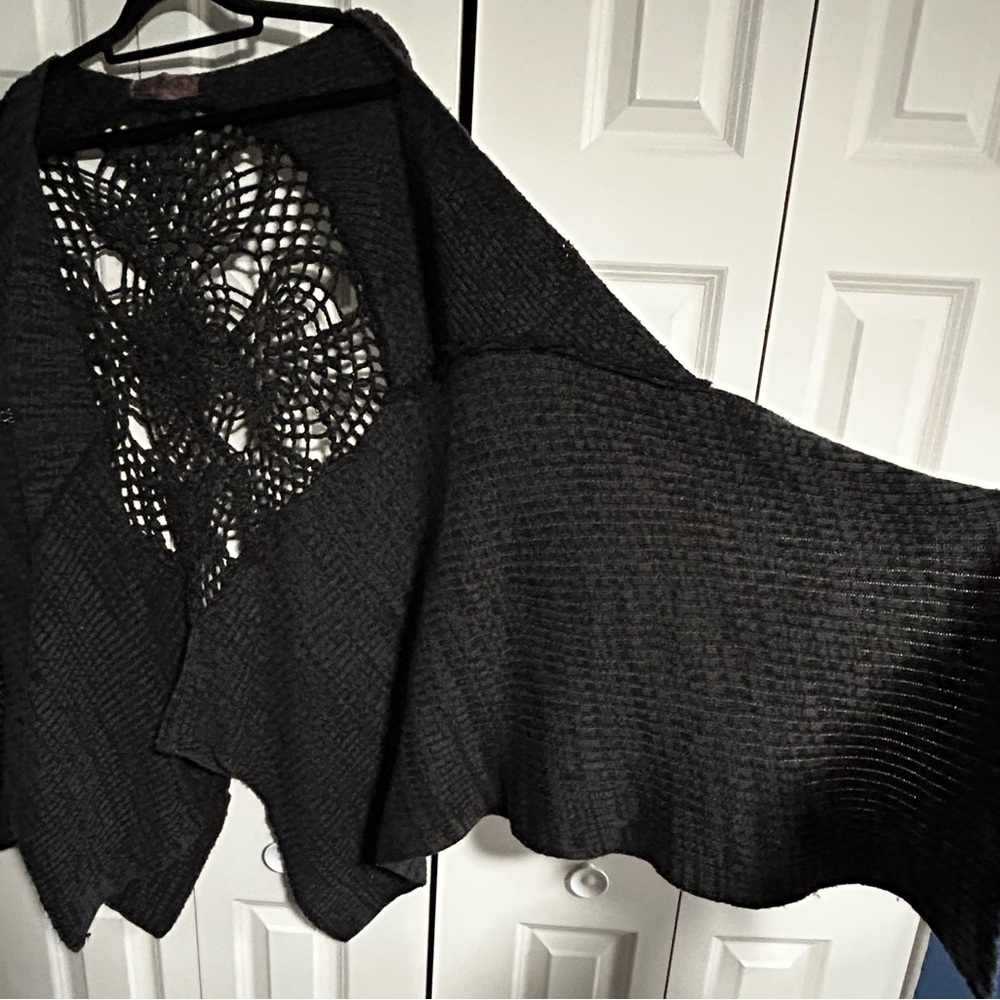Free People Black-Charcoal Open-Knit back Poncho sweater